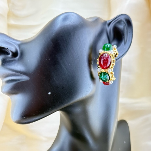 Gemstone Hoop Earrings PVD Gold Plated Stainless Steel with Pearls Natural Stone - Picture 14 of 14